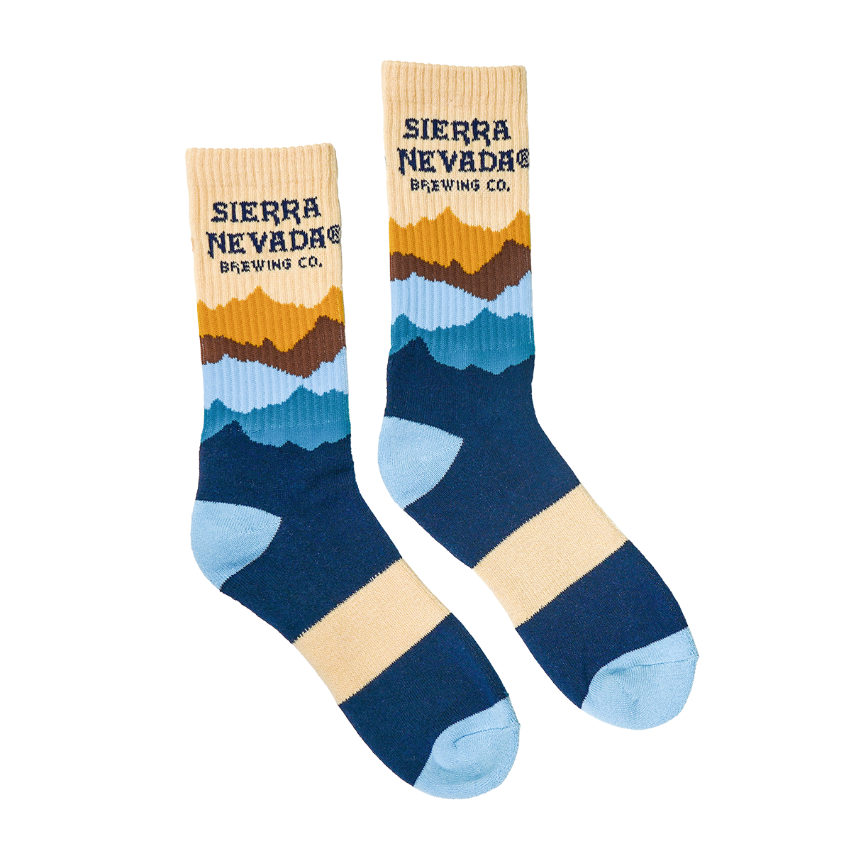 Sierra Nevada multicolor Mountain Range Socks side-by-side showing mountain design