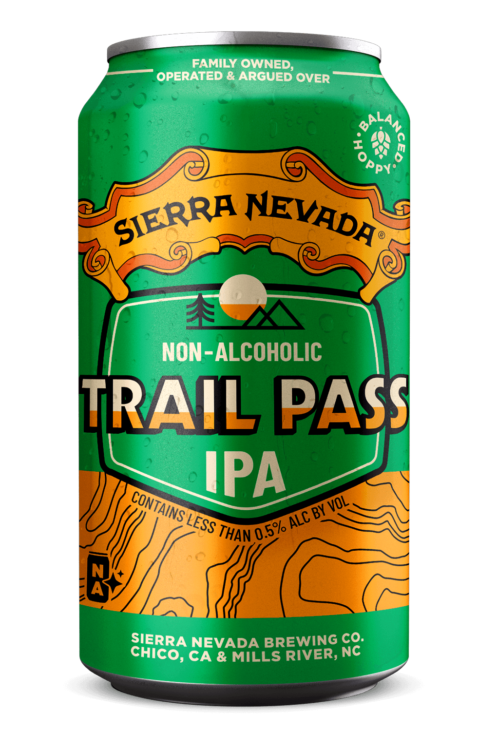 An individual can of Sierra Nevada non-alcoholic Trail Pass IPA brew