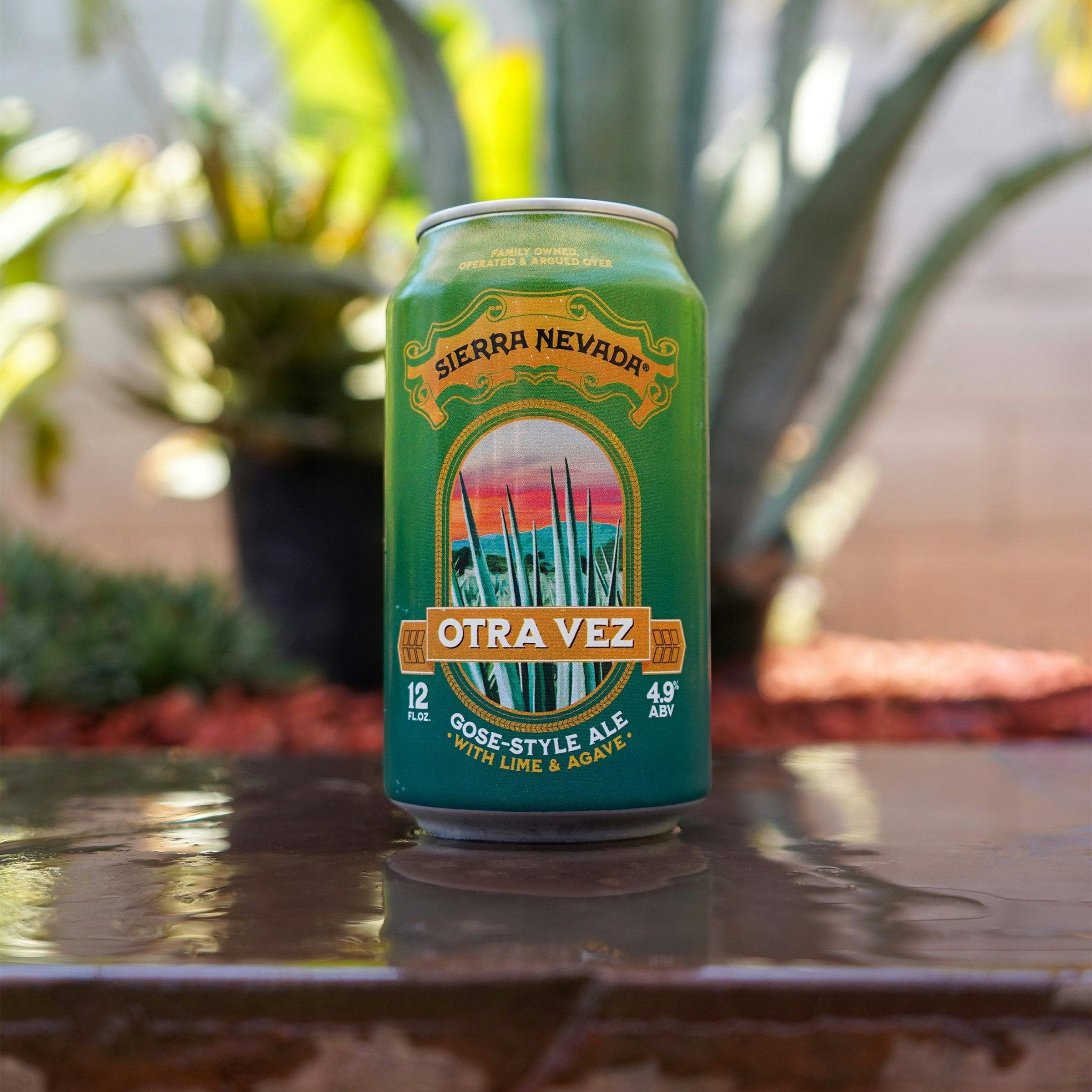 Sierra Nevada Otra Vez can in front of tropical greenery