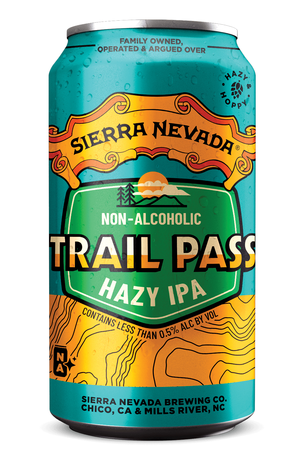 An individual can of Sierra Nevada non-alcoholic Trail Pass Hazy IPA brew